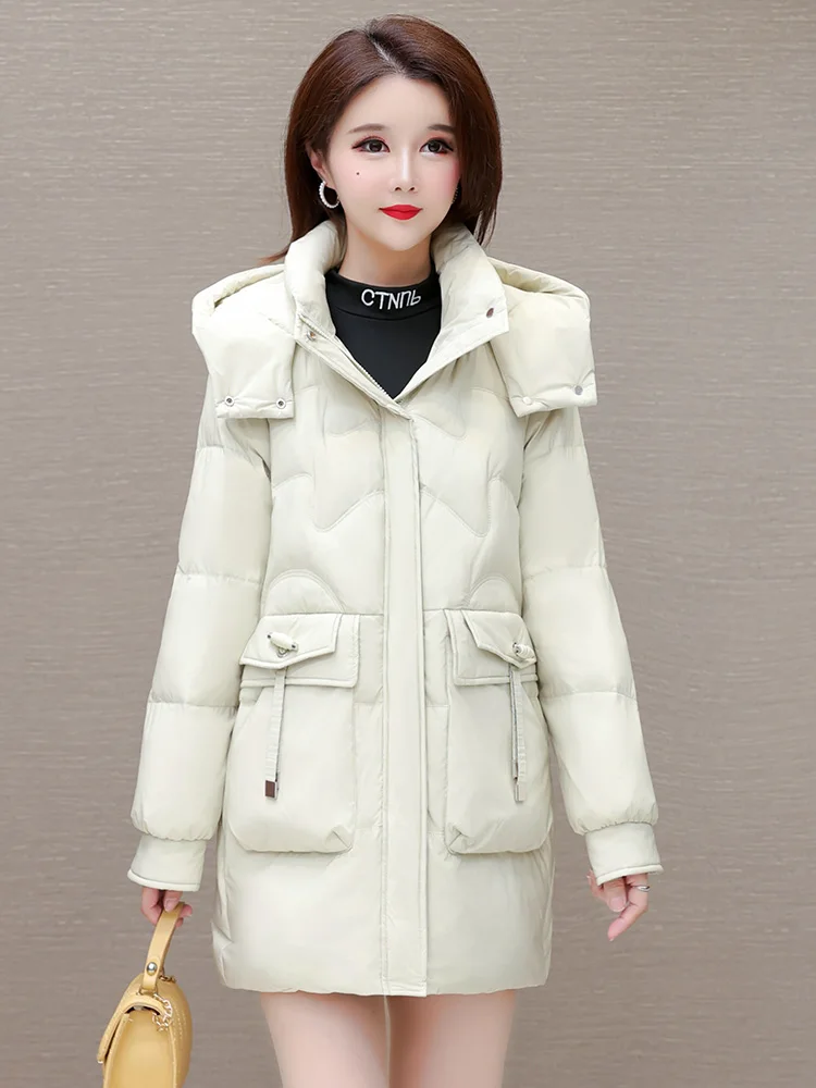 Down jacket Women Mid-Length 2024 New Winter Small Thickened Warm White Duck Down Hoodie Western Sle Slimming