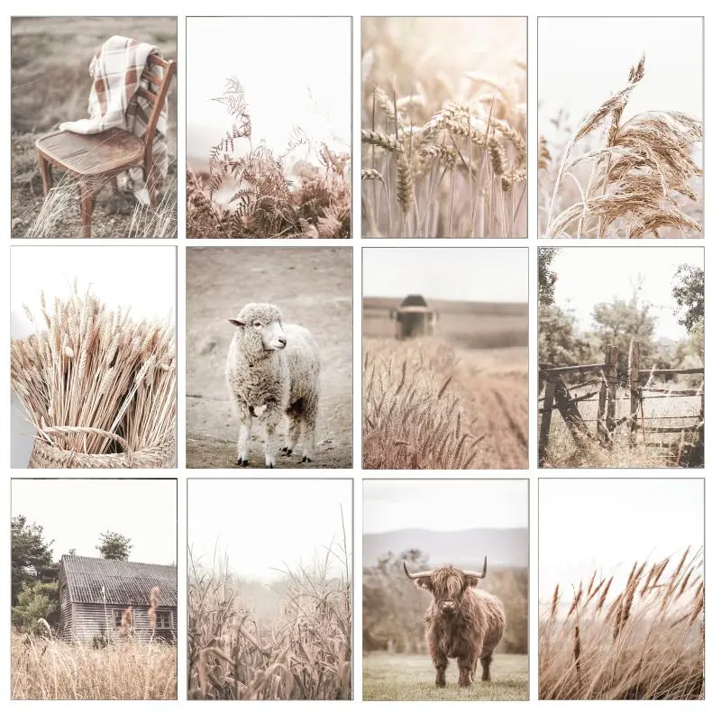 

Скандинавская пшеничная корова пейзаж плакаты и принты тростниковая трава холст печать живопись ботаническая картина комната настенное И...