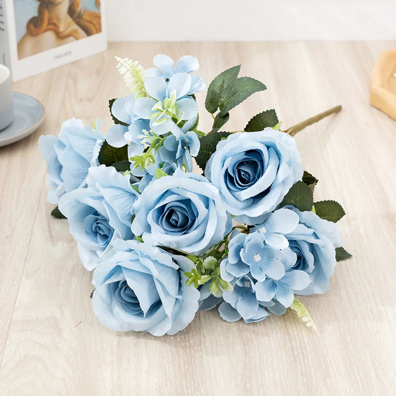 

Синий Шелковый букет, искусственная Роза из акации, Гортензия, свадебный букет для фотосъемки, домашняя гостиная, настольная лампа