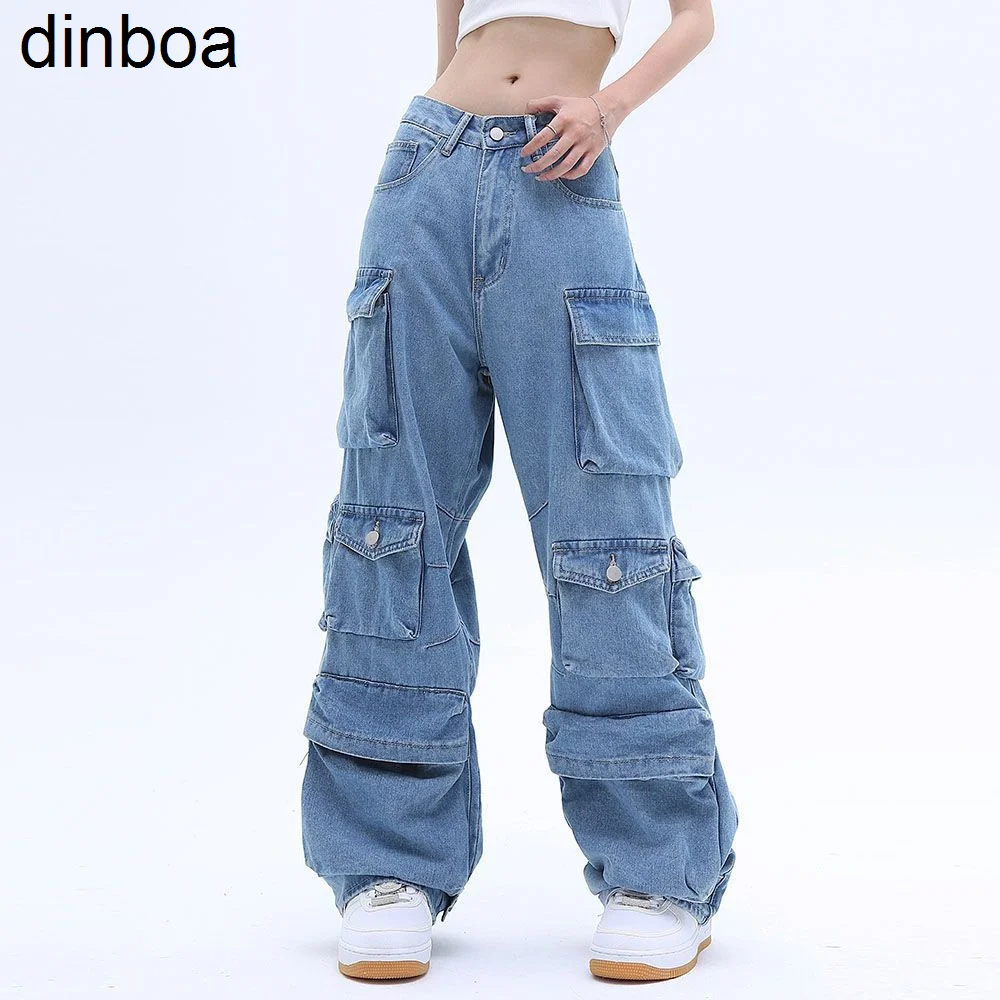 

Pocket Solid Color Overalls Jeans Women's Y2k Street Retro Loose Wide-leg Overalls Couple Casual Joker Mopping Jeans Pants Women