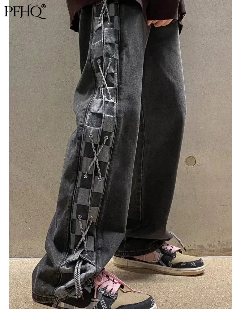 

PFHQ Men's Checkerboard Jeans High Street Trend Elastic Waist Straight Personality Vintage Pants Man Trousers Autumn 2022
