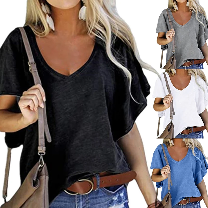 

2021 Summer Women Tops V Neck Solid Color Short Sleeve Casual Loose Femmel T Shirt Tops