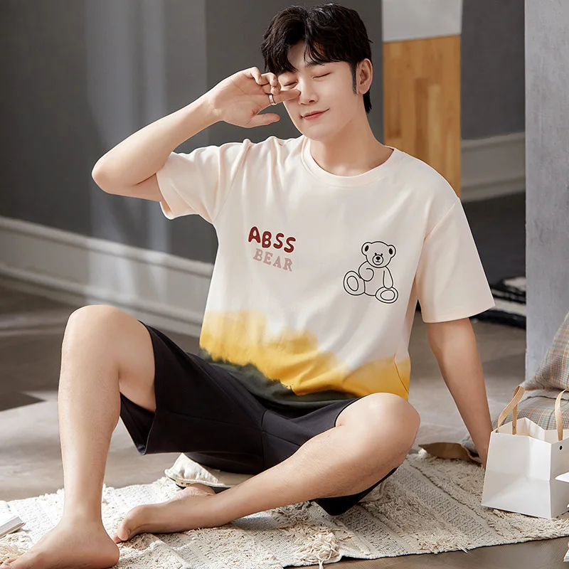 New Men Fashion Print Cartoon Pajama Sets Stylish Thin Summer Short Sleeve Tshirt Casual Daily Home Sleepwear