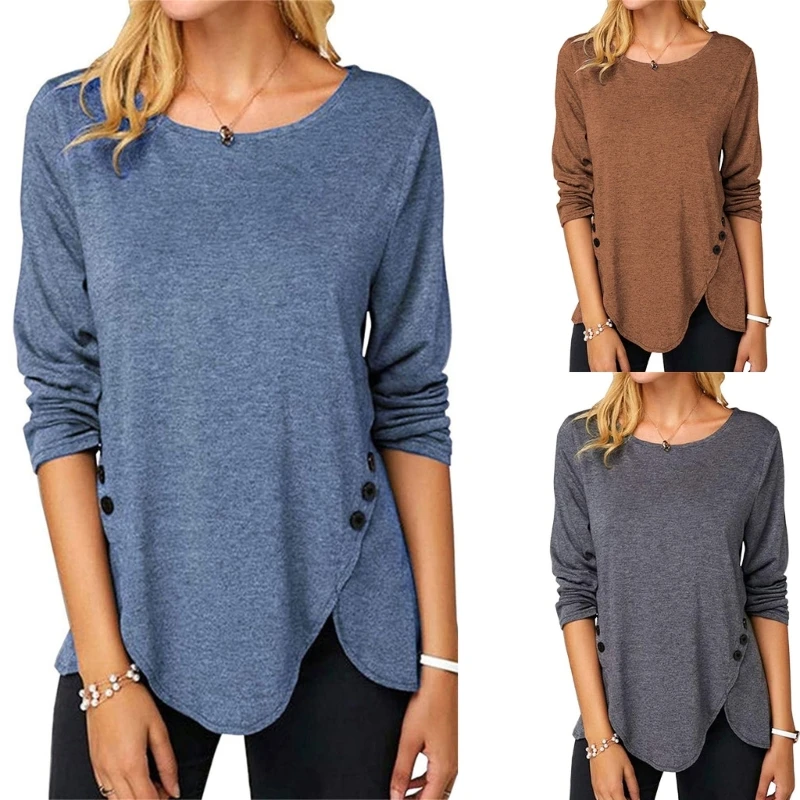 

Side-Split Loose Blouse Casual Pullover Tunic Top Long Sleeve T-Shirt Blouse Top with Button Round Neck Basic Sweatshirt M6CD