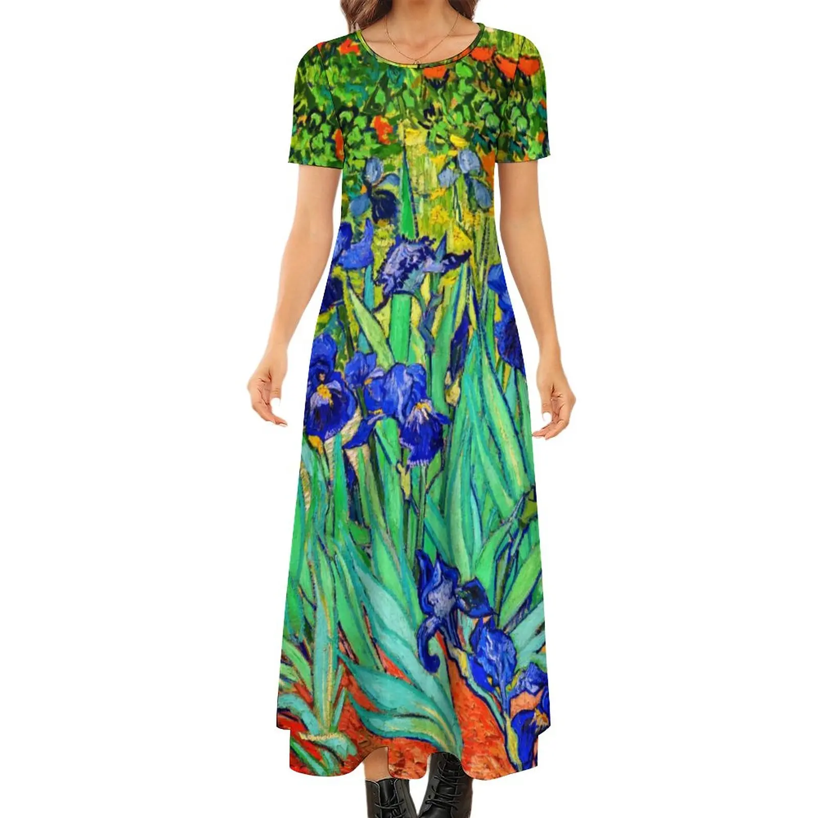 

Vintage Flower Print Dress Irises by Van Gogh Kawaii Maxi Dress Short Sleeve Streetwear Boho Beach Long Dresses Oversize Vestido