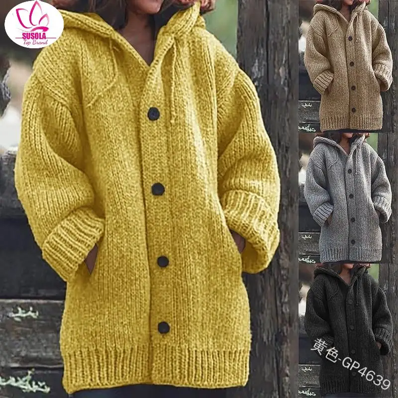 

New Women's Cardigans Sweater Coat Warm Sweater Coats Loose Wool Knitted Coat Autumn Winter Women Long Cardigan Oversized Hooded