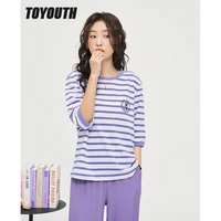 toyouth women tees 2022 autumn three quarter sleeves o neck loose t shirt stripe 100 cotton casual streetwear tops