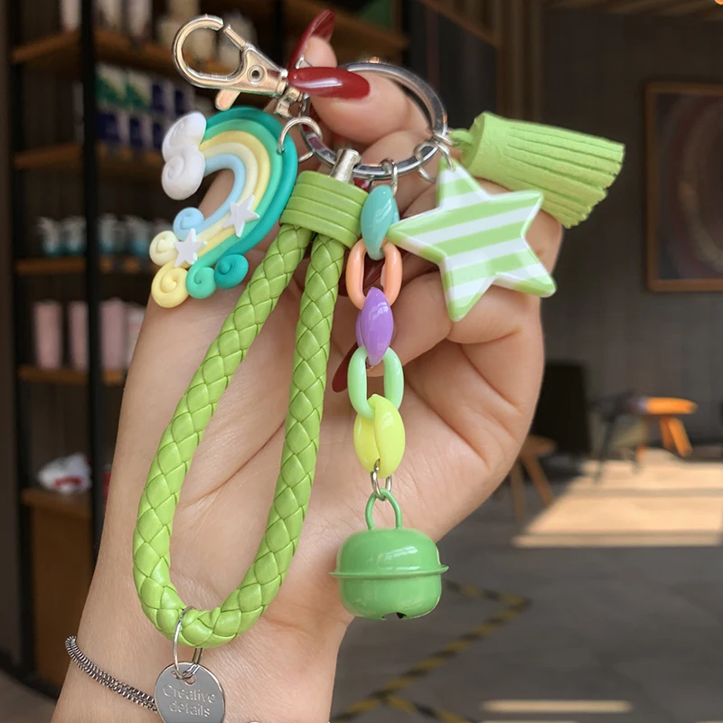 

2022 Lovely Cute Rainbow Key Chain Leather Strap Braided Rope Tassel Keychain for Women Girl Bell Star Lollipop Bag Accessories