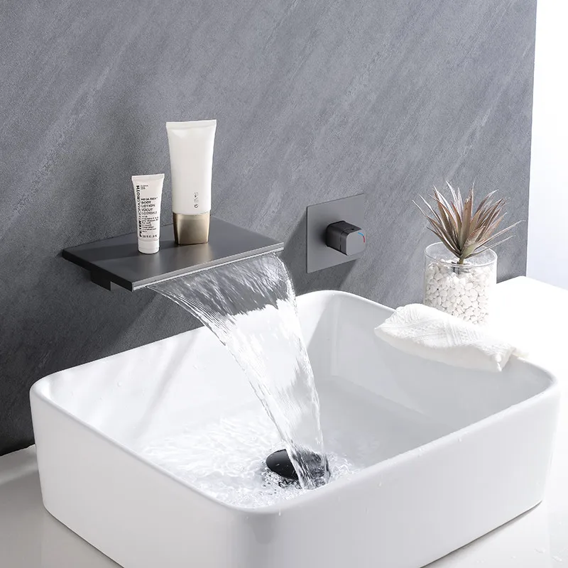 

Gun Grey Bathroom Basin Faucets Soild Brass Sink Mixer Hot & Cold In-Wall Single Handle 2 Holes Lavatory Crane Waterfall Taps