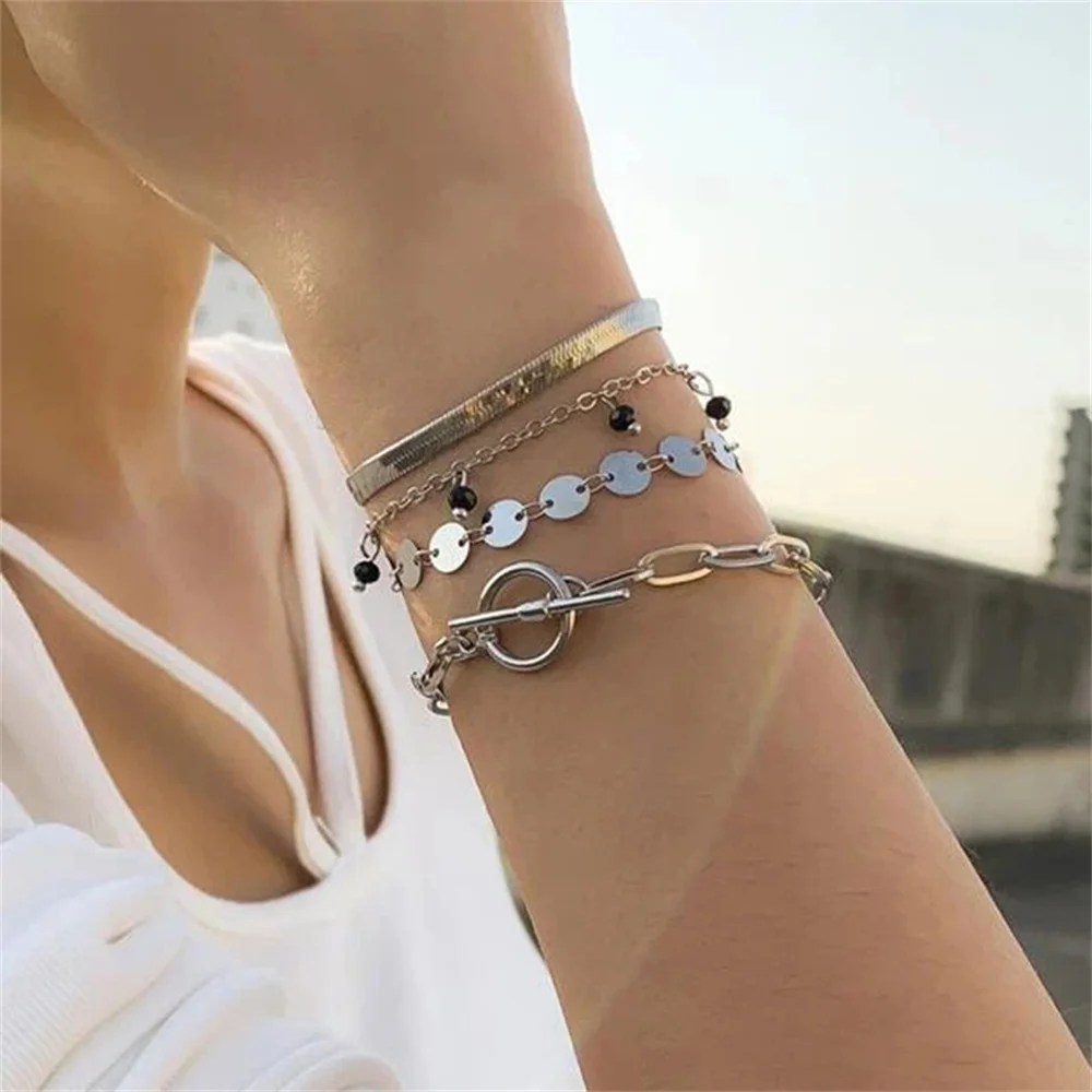 Винтажная золотистая плоская цепочка с подвеской из черного бусинного диска и геометрическим браслетом для женщин в стиле бохо, модный украшения подарок.