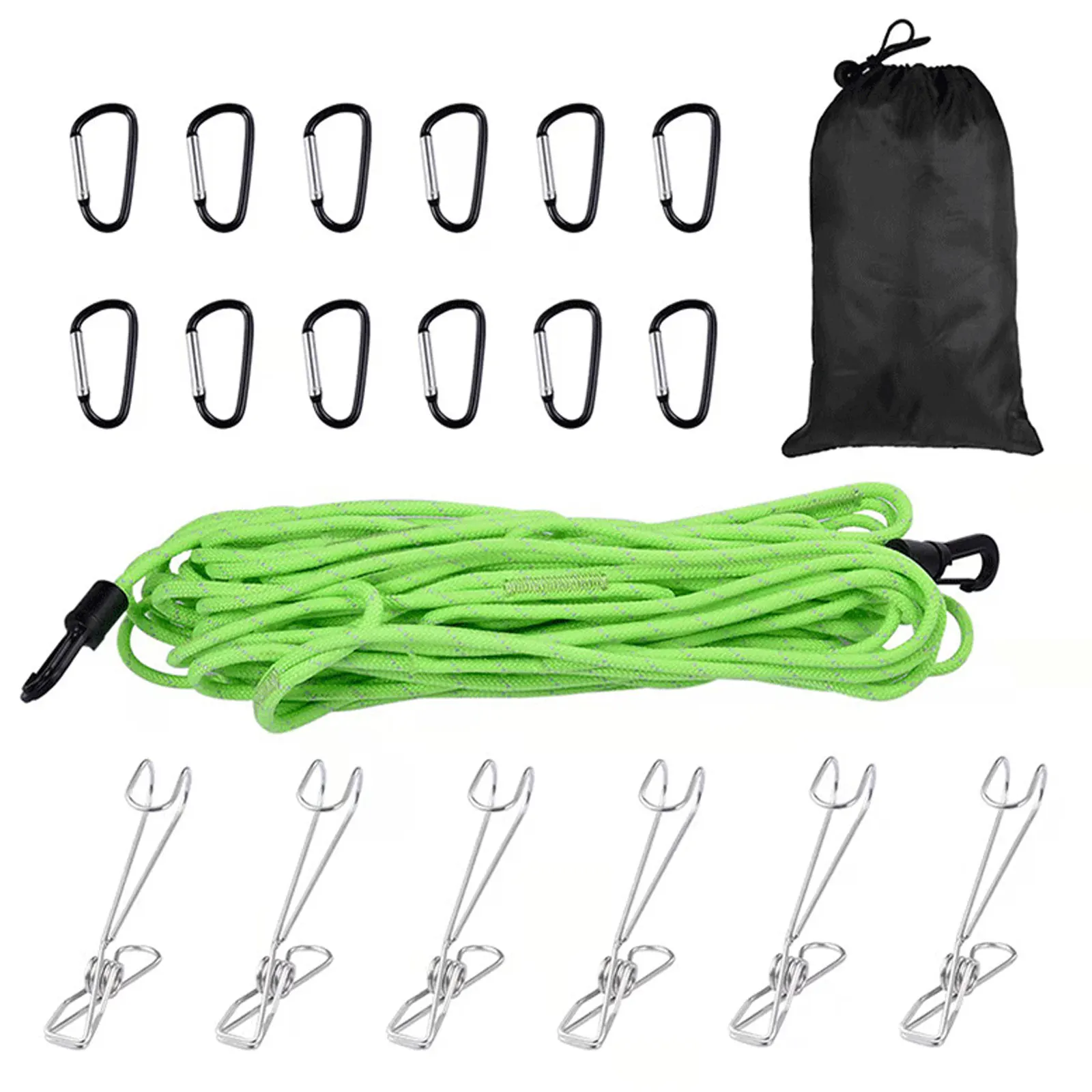 

Camping Hanging Kit Clothespins Carabiner Hooks Luminous Rope Storage Bag Set for Backpacking Travel Wild Adventure