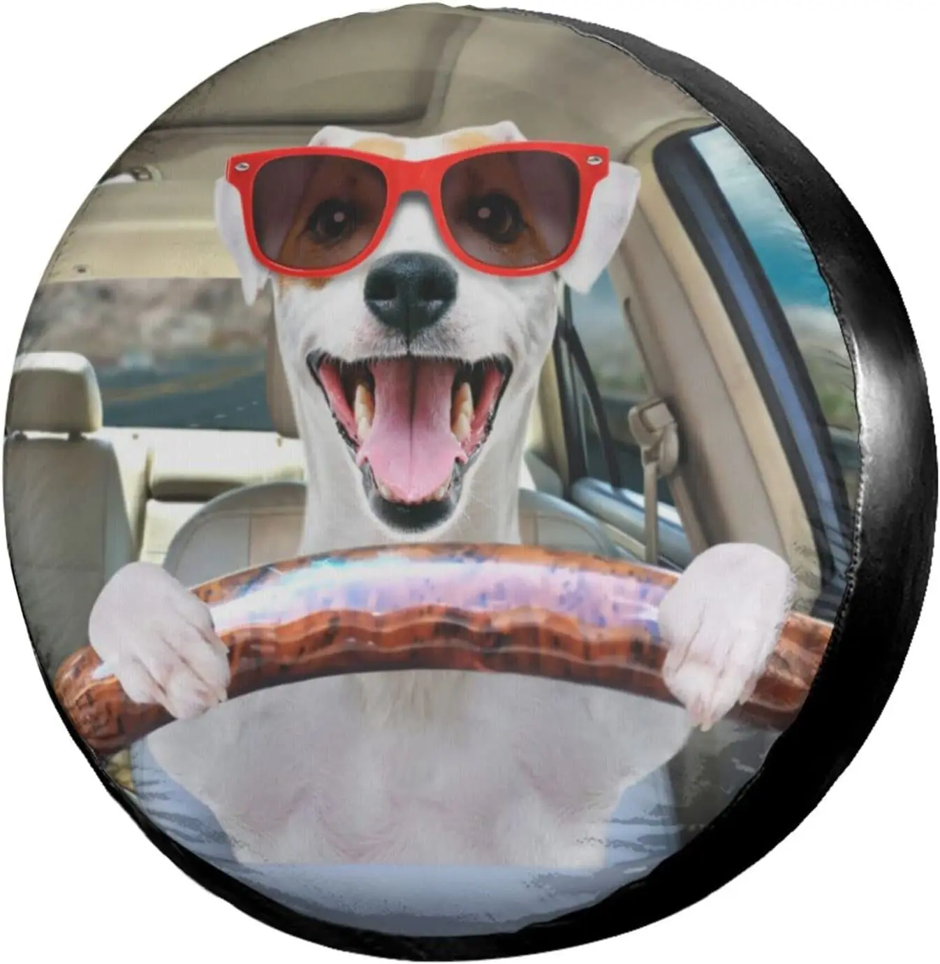 

Funny Dog Behind The Wheel of Car Spare Tire Cover Waterproof Dust-Proof Tire Covers Fit for JeepTrailer Rv SUV and Many Vehicle
