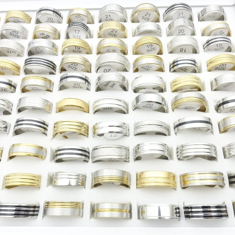 

Wholesale 50/100/200/500pcs Stainless Steel Rings For Men Women Mix Classic Stripes Pattern Finger Jewelry Party Gift Gold Color