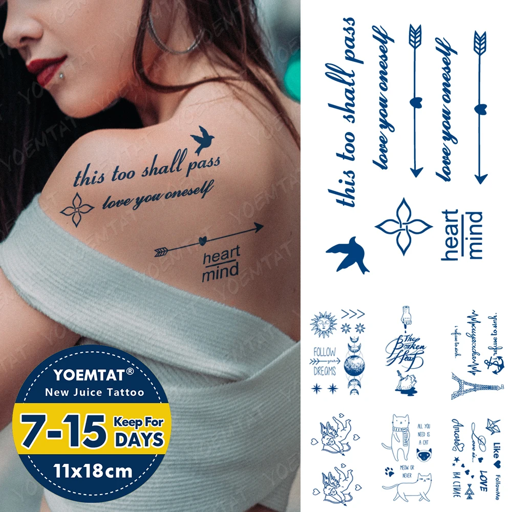 

Blue Ink Juice Waterproof Temporary Tatto Sticker English Arrow Angel Cat Small Transfer Body Art Fake Tattoo Men Women Lasting