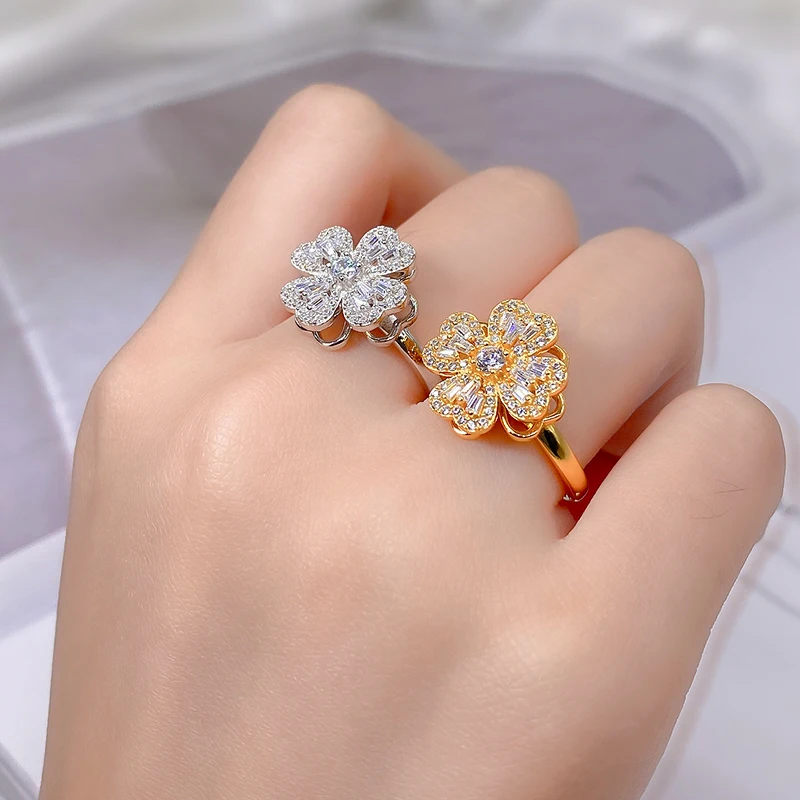 

Rotatable Clover Ring for Women S925 Sterling Silver with Gold Plated High Carbon Diamond Open Ring Resizable Ring Fine Jewelry