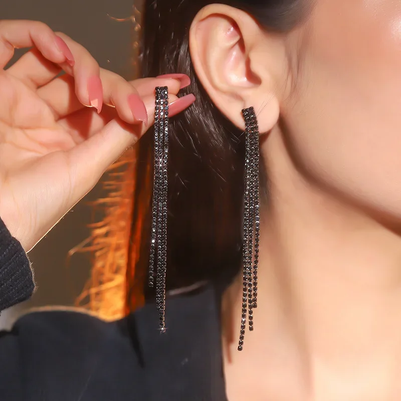 Модные Длинные Висячие Серьги Для Женщин FYUAN Черные С Кисточками Геометрической
