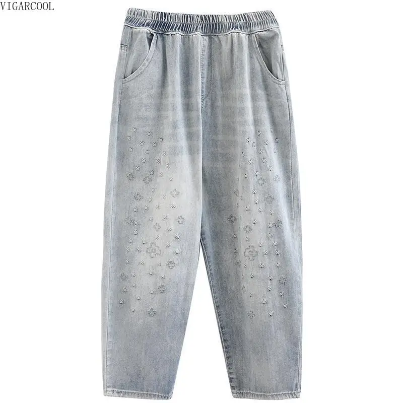 

Sweet and Fresh Women's Fashion Embroidered Jeans 2023 Spring New High Waist Pants Loose Fit Harlan Pants Female Cropped Pants