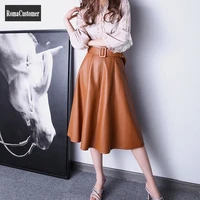 womens spring new sheepskin genuine leather high waist skirt concise sashes solid french style office lady elegant skirt