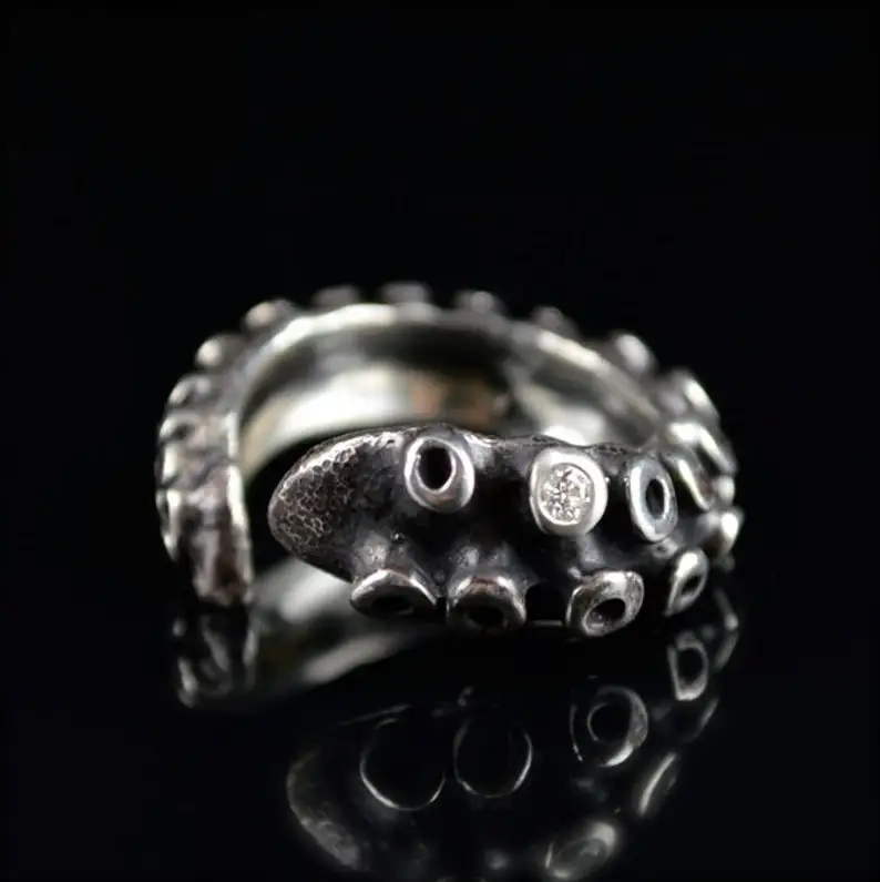 

SALE - White Diamond Tentacle Ring, Wedding Band, Engagement ring, Octopus tentacle jewelry