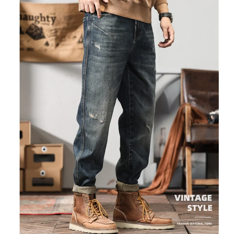 Men Clothing Autumn and Winter New Straight Loose Cylinder Jeans Vintage Chaopai Comfortable Blue Large Harun Trousers Female