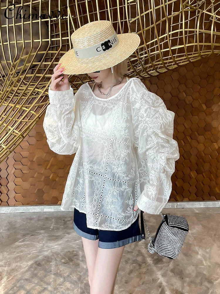 

European Beige Lace Shirt for Women 2022 Summer New Fashion Hollowed-out Lace-up Sexy Elegant Backless Long Sleeves Blouse
