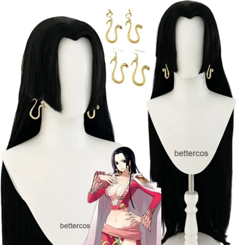 Парик для косплея аниме Boa Hancock с серьгами длинные черные прямые Термостойкие