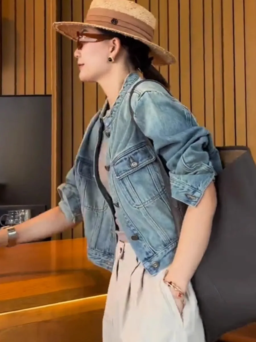 Korean Sle New Stand Collar Denim coat Women Spring and Autumn Loose Small Retro Versatile Crop jacket Fashion Top |