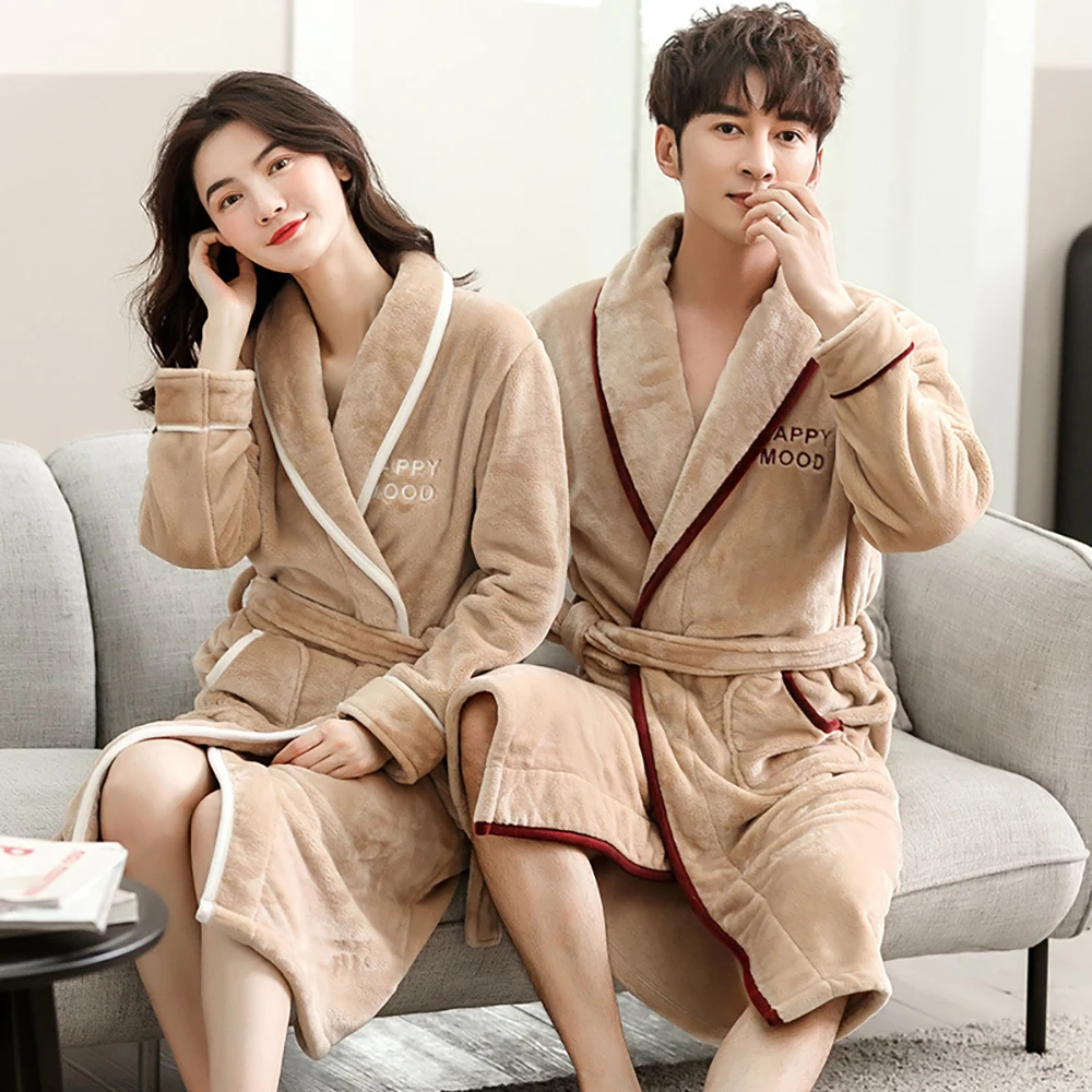 Winter Mens Long Robe Warm Thick Bathrobe Night Dresses Man Coral Fleece Kimono Pajama High-end Letter Embroidery Bath Robes