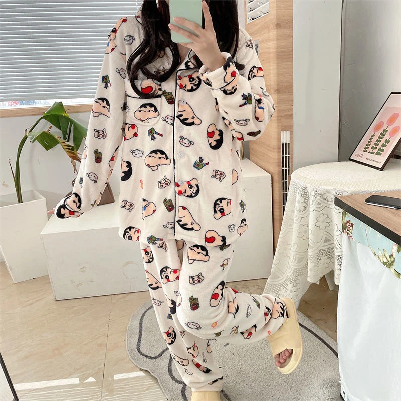 

Kawaii Anime Pajama Sets Cartoon Crayon Shin-chan Pajamas Winter Thick Flannel Women Cute Coral Fleece Home Clothes Winter Gift