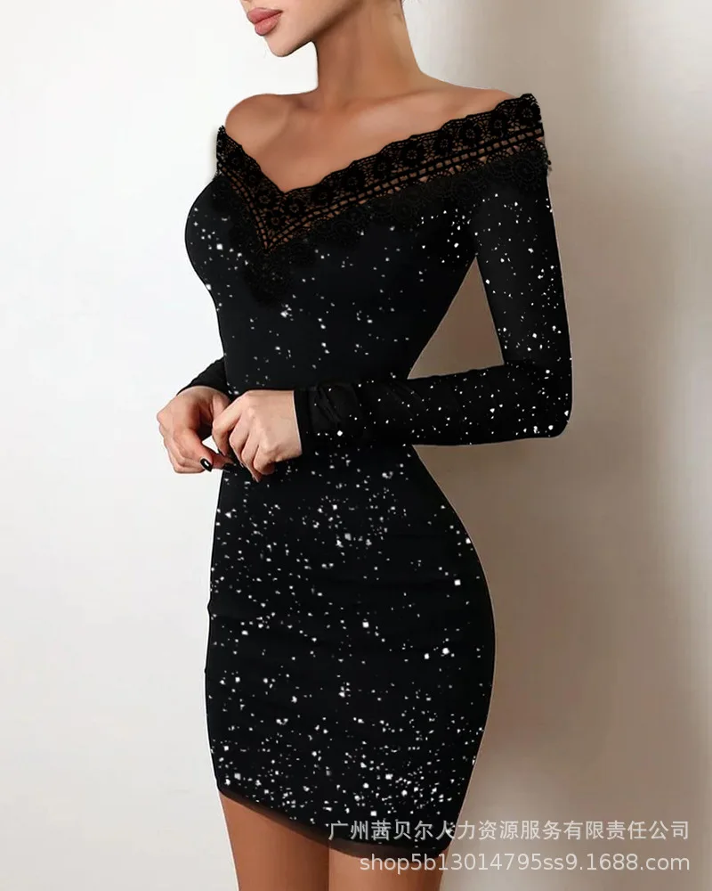 Elegant women's hot stamping stitching V-neck mid-length party dress