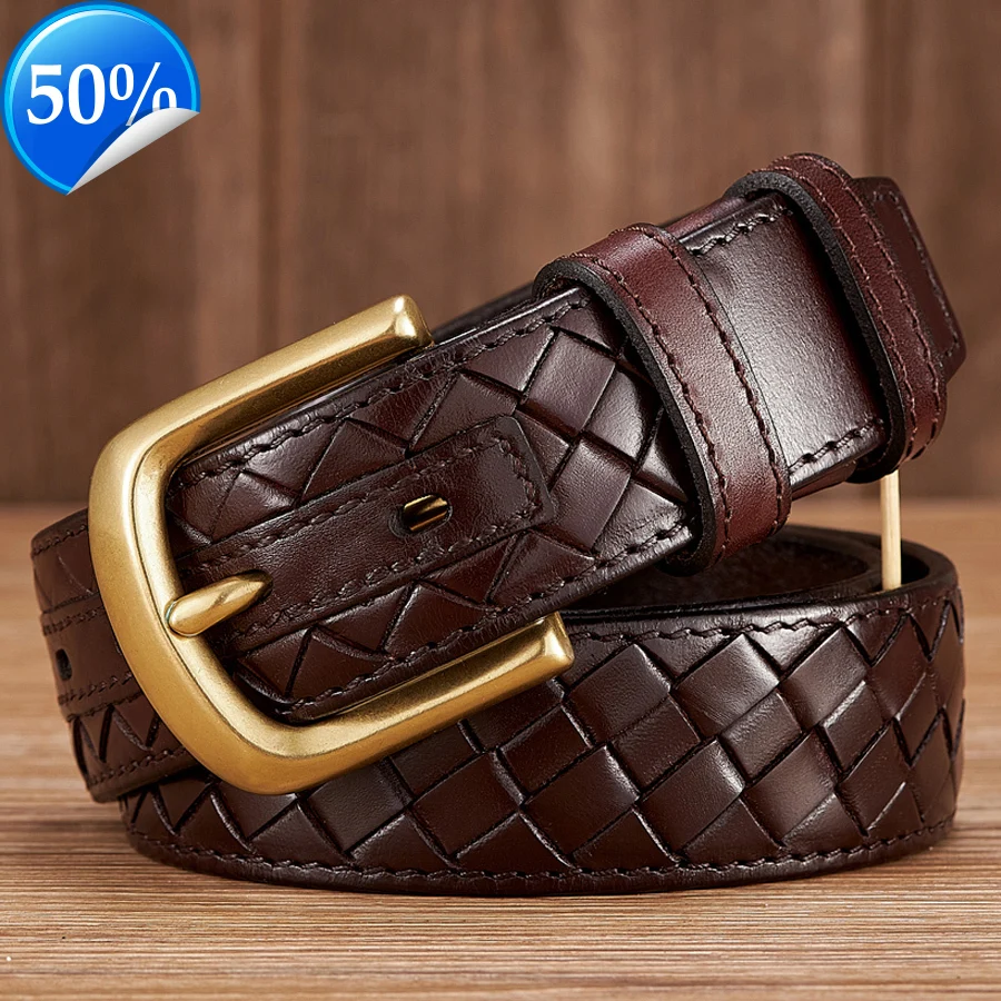 3.8cm Copper Buckle Designer Cowskin Real Genuine Leather Belts For Men Luxury Woven Cowboy Braided Male Strap for Jeans