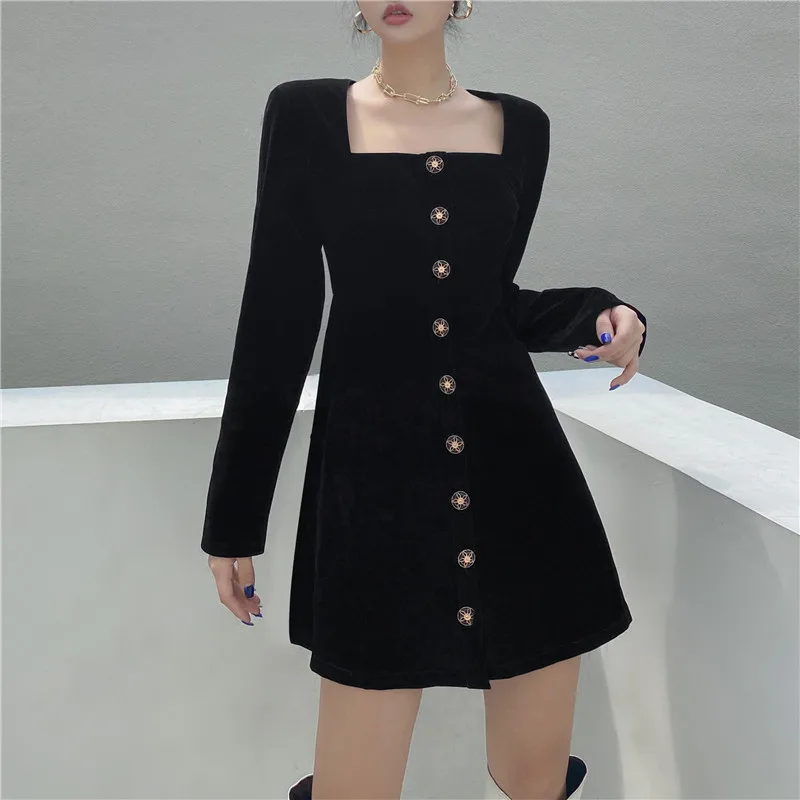 

Модное Элегантное велюровое черное платье с квадратным вырезом, женское однотонное платье-трапеция на пуговицах с длинным рукавом, осенняя...