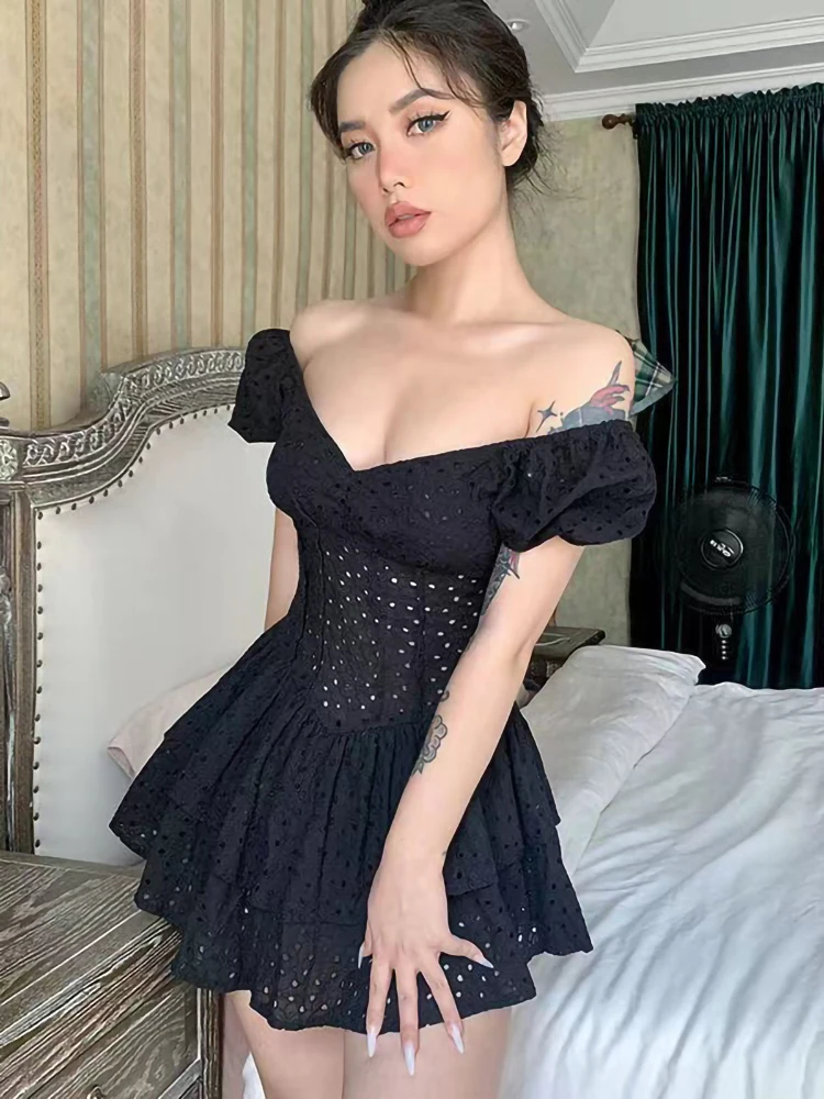 

Женское Плиссированное Платье с V-образным вырезом, Черное мини-платье с пышными рукавами и оборками, праздничный винтажный корсет с выреза...