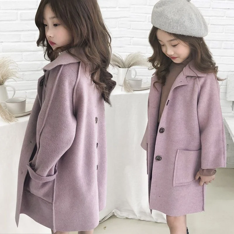 

Girls Woolen Coat Jacket Outwear 2022 Cool Warm Plus Thicken Spring Autumn Cotton Overcoat Teenager Tops School Children's Cloth