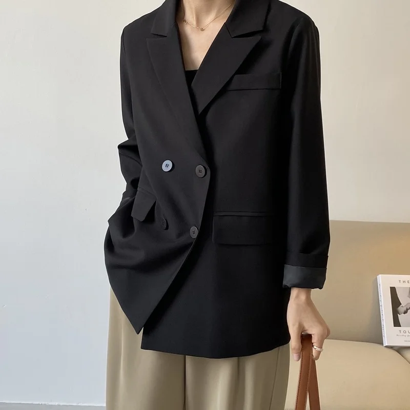 2023 Women Oversized Basic Black Suit Jacket Loose Long Sleeve Casual Blazer Top V-neck Double Breasted Caedigan Coat Clothes