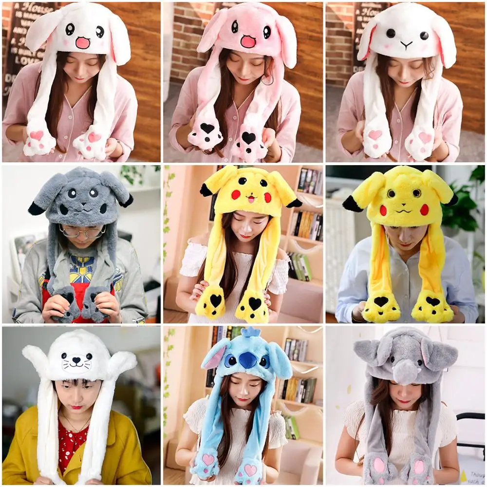 

Cute Bunny Ears Hat Moving Airbag Rabbit Soft Jumping Up Cap Funny Toy Girls Cartoon Kawaii Plush Hat Toys Gift for Adult Kids