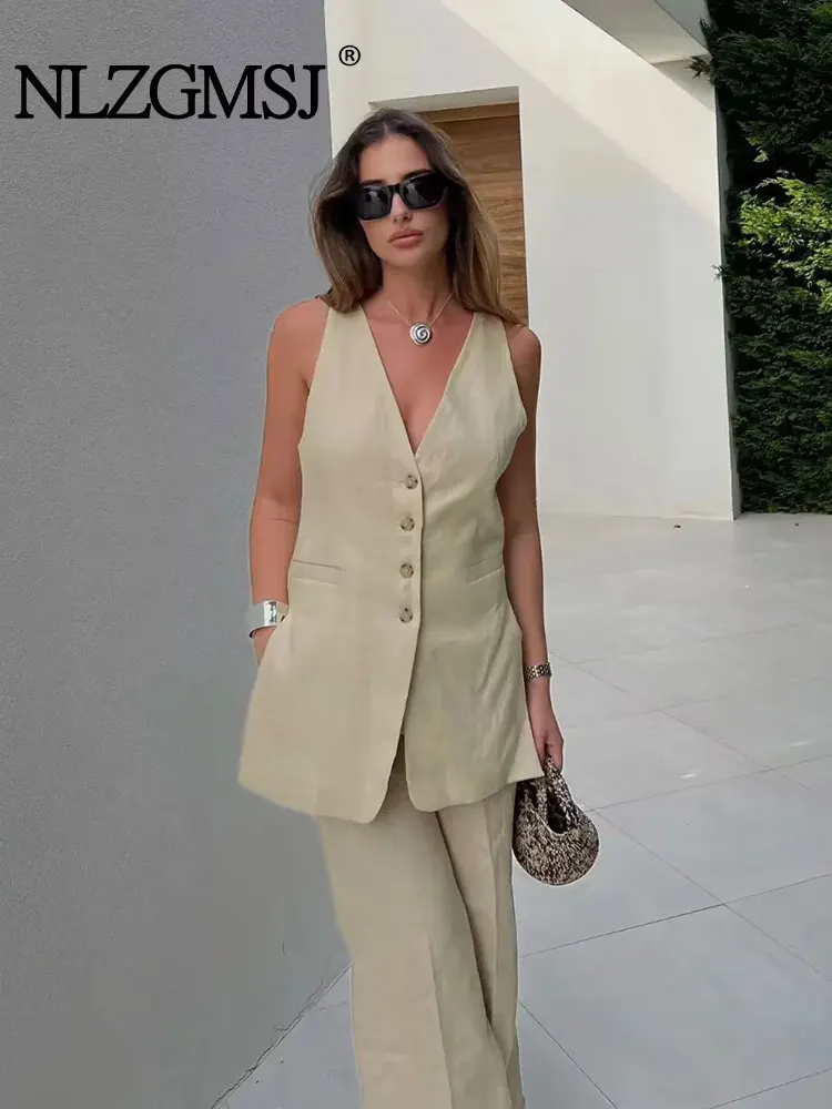 

Nlzgmsj TRAF Women Office Wear Split Comfortable Suit Vest Coat Vintage V Neck Button-Up Female Waistcoat Chic Tops