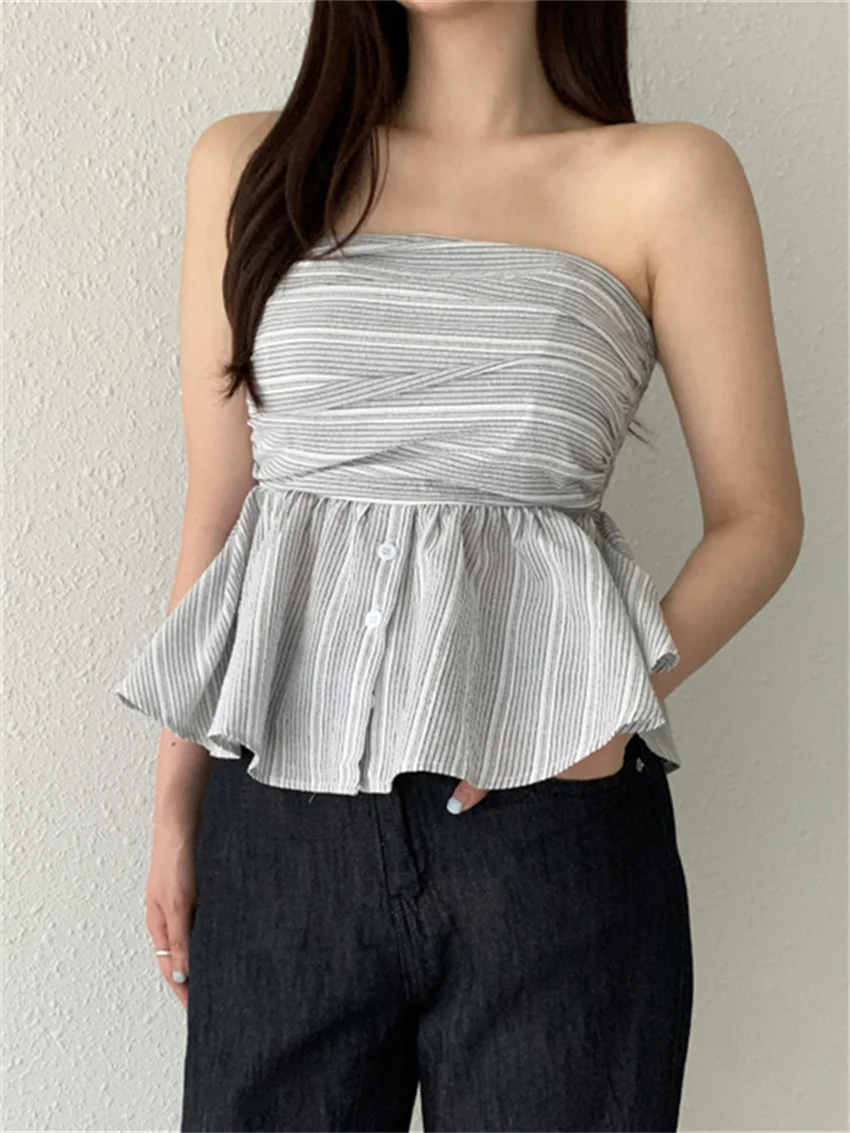 Женская приталенная Майка в полоску без рукавов с открытыми плечами