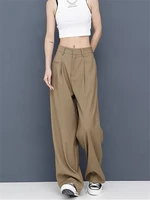 spring summer solid ladies office trousers women high waist pants pockets female fashion all match pleated wide leg pants 2022