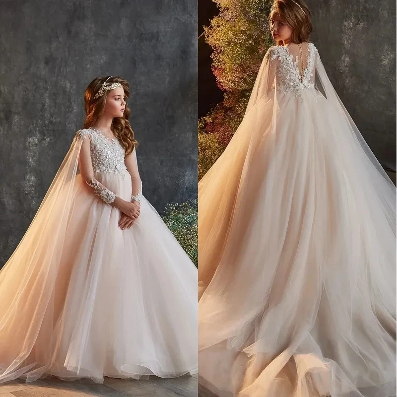 

Lace Appliques Princess Flower Girl Dress Long-sleeved Flash Sweep Train Tail Robes for Wedding Party Ball Gowns Kids Gift