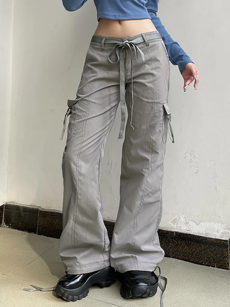 Cuteandpsycho Fashion Streetwear Chic Cargo Pants Women Zip Up Vintage Women Gray Trousers Harajuku Vintage Cute Belt Sweatpants images - 6