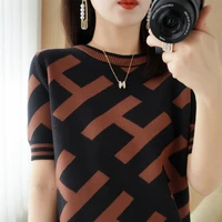 2022 new temperament thin womens top trend letter jacquard short sleeved sweater thin section