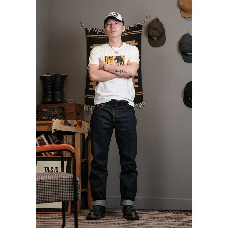 Simons  55501 Men Vintage Selvedge Denim Jeans High Waist Heavy 15ozRaw Denim pants Amekaji