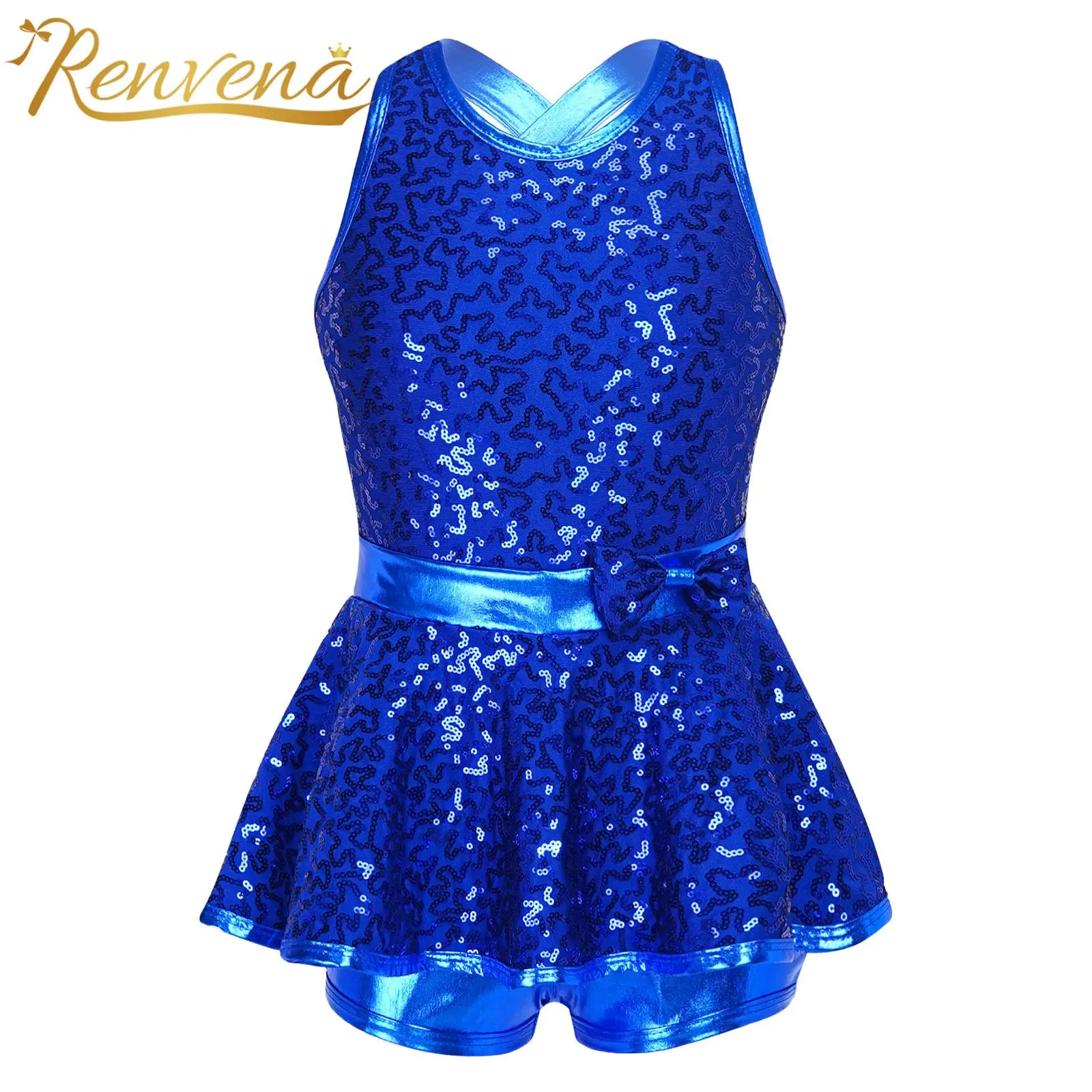 

Fashion Kids Girls Ballet Dancewear Sleeveless Sequined Criss Cross Back Waist Bowknot Jazz Modern Tap Dance Gymnastic Leotard