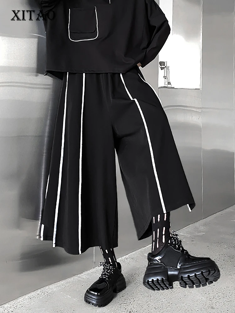 

XITAO/штаны в полоску; Черные брюки с эластичной резинкой на талии в повседневном стиле Goddess Fan; Свободные брюки в повседневном стиле; Коллекция...