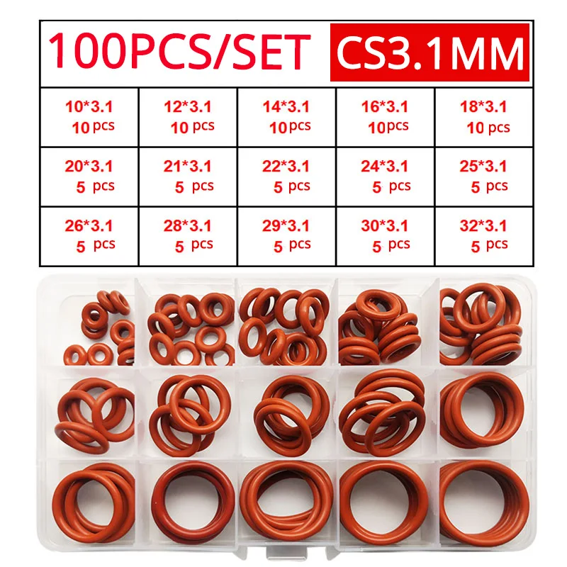 VMQ O Ring Seal Gasket Thickness CS 1/1.5/2/2.4/3.1mm Silicone Rubber Insulated Waterproof Washer Round Shape Nontoxi Red Kit |