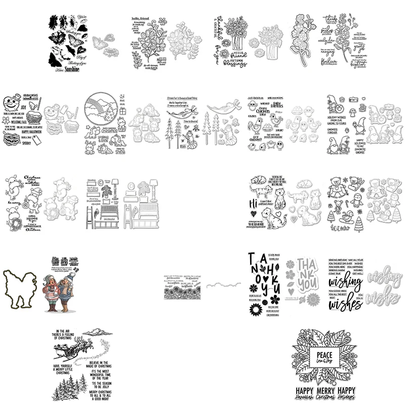 

Fragrant Flowers Petals Gnome Cat Bear Elk Fauna Cutting Dies and Clear Stamps Set Thank You Wishes Artistic Words DIY Craft