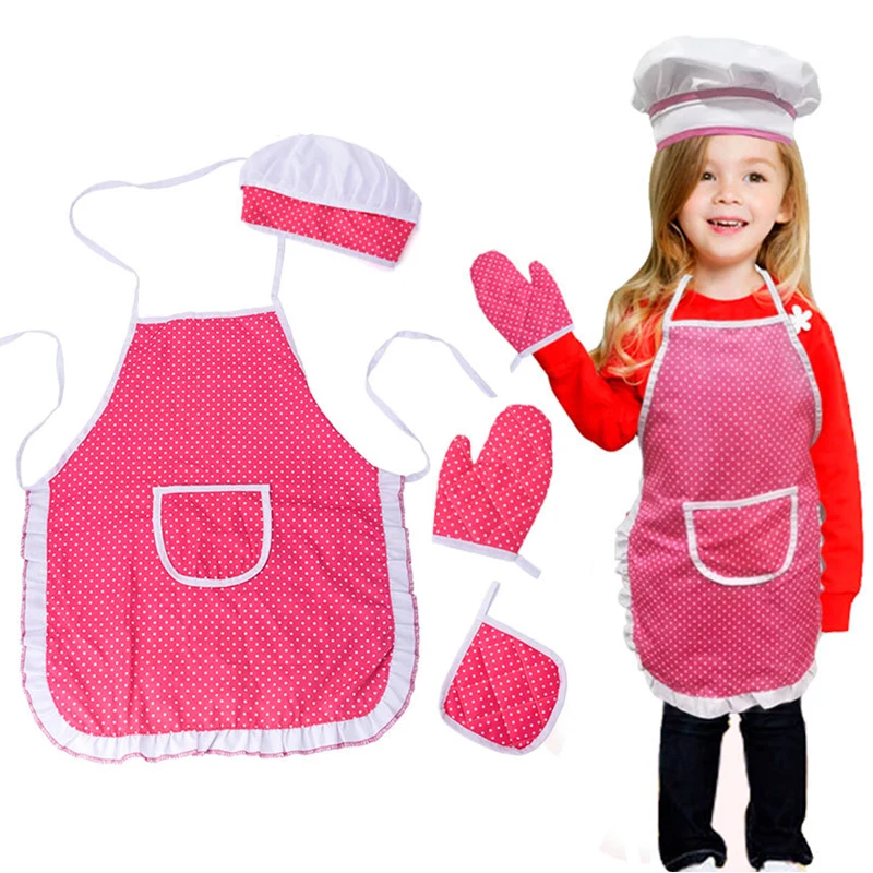 

4Pcs Kids Cooking Apron Gloves Hat Set Toys Pink Easter Halloween Child Chef Kitchen Baking Play Dress Up Toys for Kids Gift