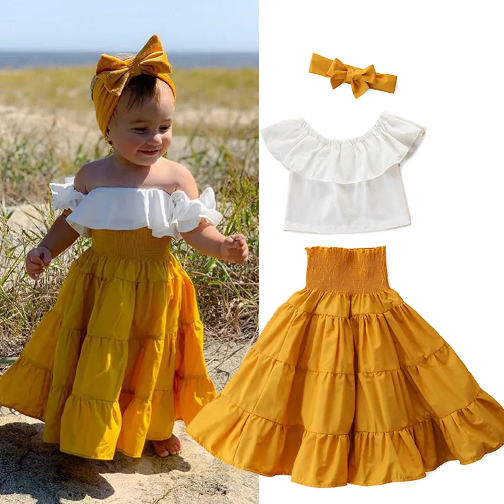 

Summer Baby Kids Girl Top Quality Outfits Off Shoulder Solid Color Ruffle Tank Top Long Flare Dress 3Pcs Set Fashion New Clothes