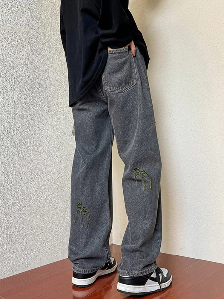 American Trend Vibe Style High Street Letter Embroidery Letter Straight Jeans Men's Street Wide-leg Trousers Luxury Men Clothing